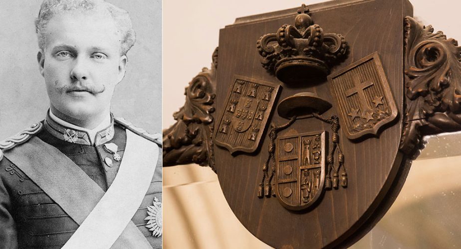 Le roi Dom Carlos I. C'est sous son règne que le palais sera construit. A droite, le blason de Buçaco.