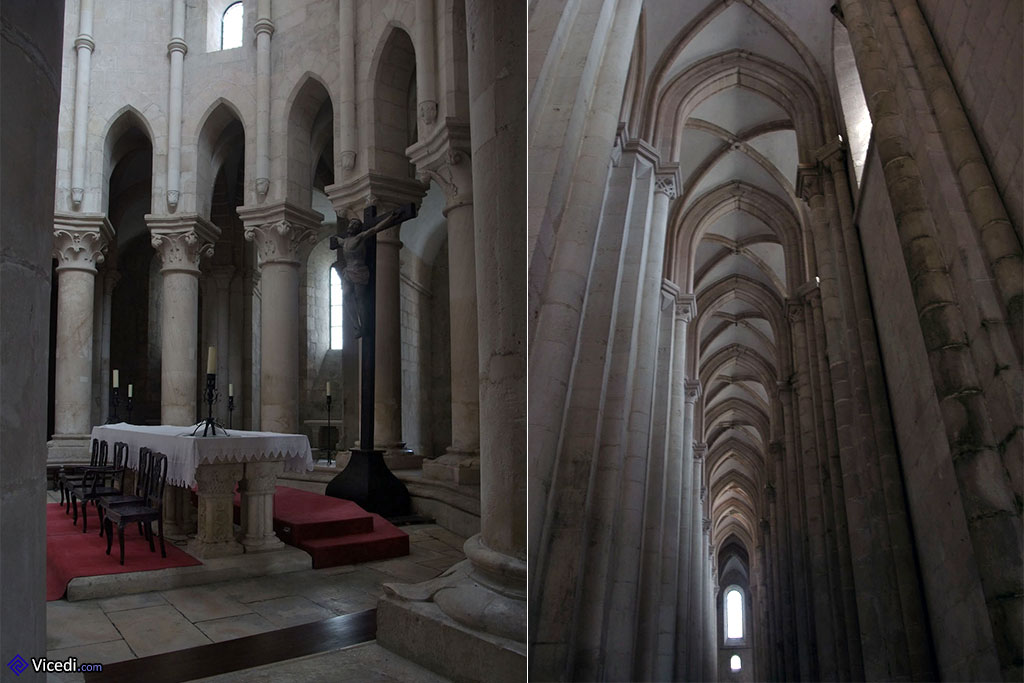 A gauche, vue sur le chœur. et le maître-autel. A droite, une des deux nefs latérales.