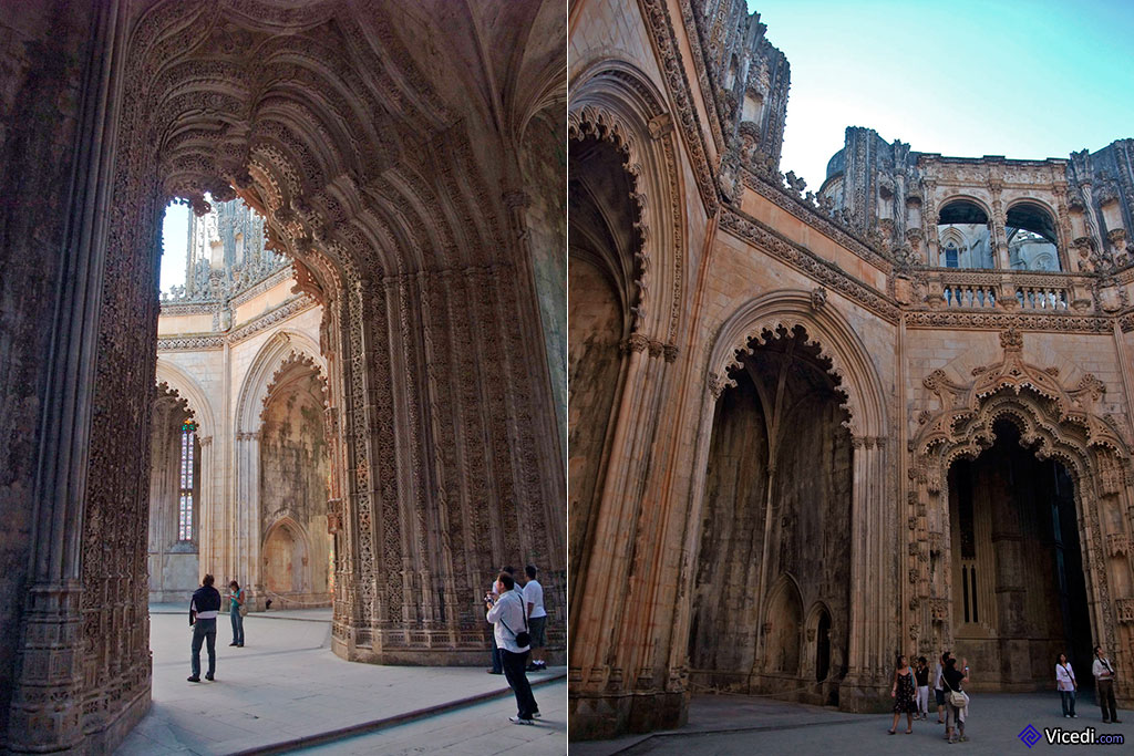 A gauche, le portail manuélin, haut de 15 mètres. A droite, dans la cour des Chapelles Imparfaites.