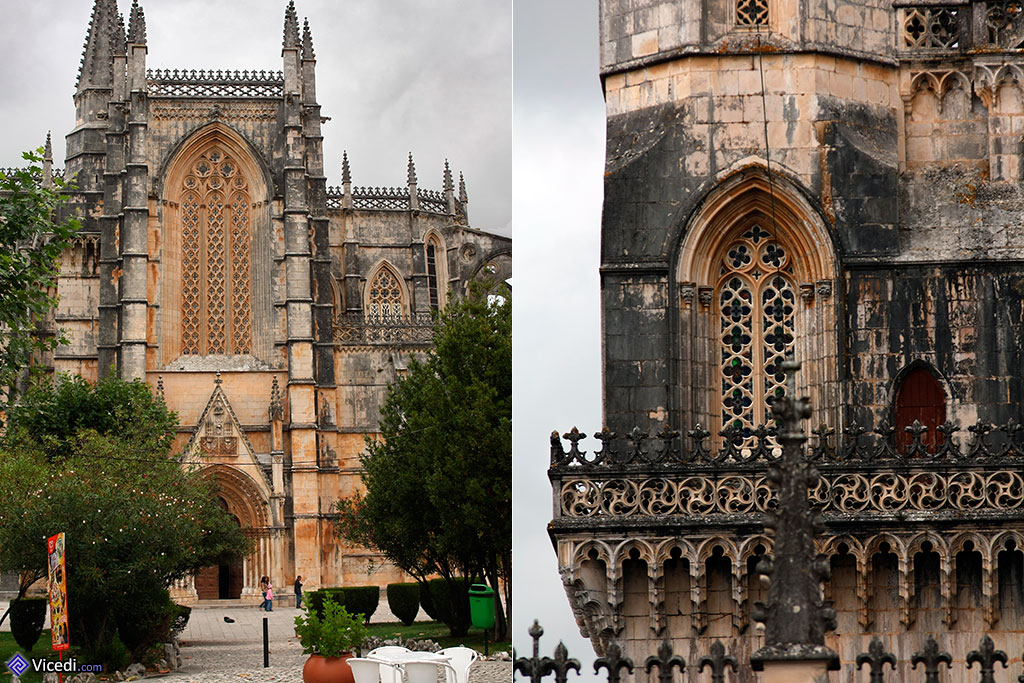 A gauche, l'entrée de la façade latérale. A droite, détails gothiques du monastère.