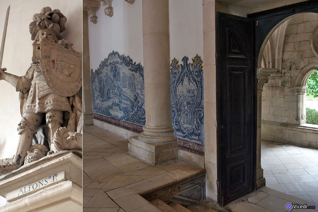A gauche, une statue du roi fondateur du Portugal et du monastère, Alphonse Ier. A droite, les azulejos de la salle des Rois.