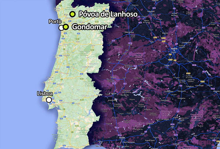 Carte avec Póvoa de Lanhoso et Gondomar