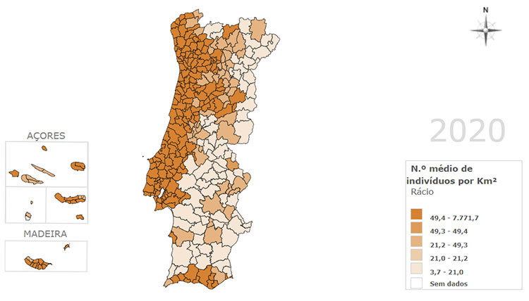 densité de la population au Portugal