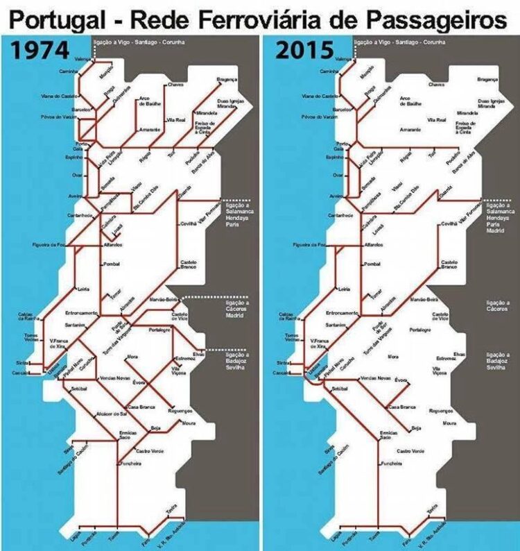 Réseau ferroviaire en 1974 et en 2015