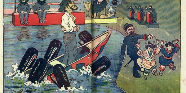 Caricature de Zé Povinho et des deux chinoises