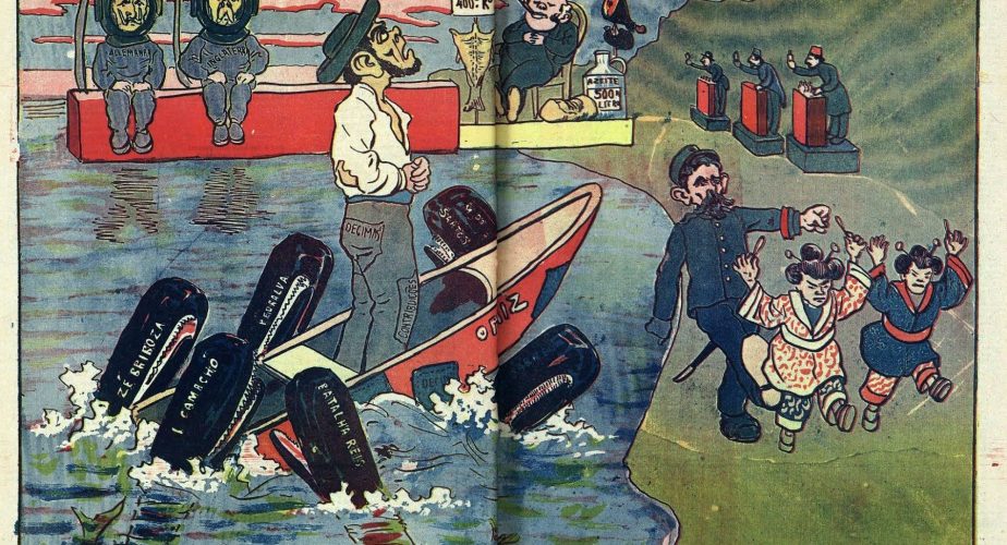 Caricature de Zé Povinho et des deux chinoises