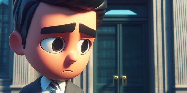 un homme triste devant la porte d'une banque