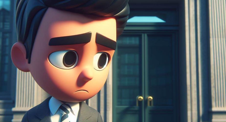 un homme triste devant la porte d'une banque