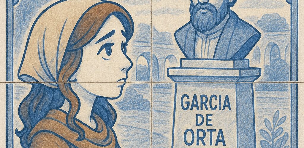 Juive portugaise regardant une statue de Garcia de Orta