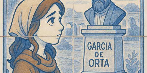 Juive portugaise regardant une statue de Garcia de Orta