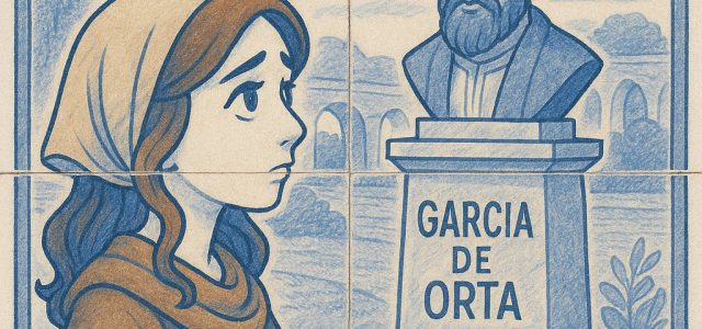 Juive portugaise regardant une statue de Garcia de Orta