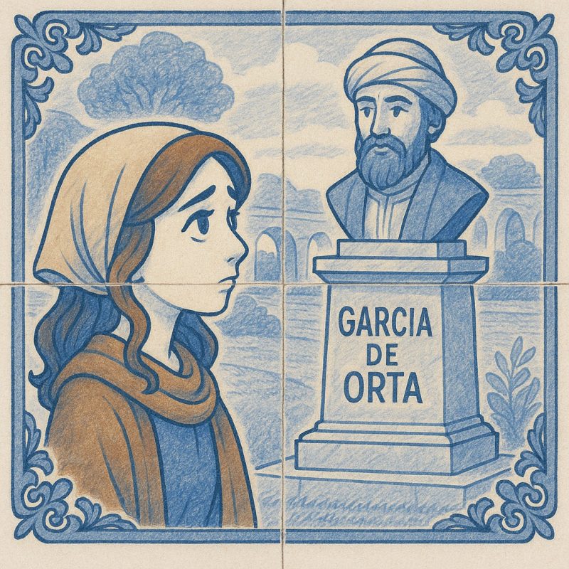 Juive portugaise regardant une statue de Garcia de Orta