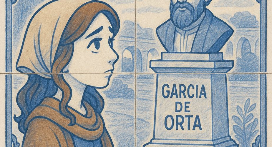 Juive portugaise regardant une statue de Garcia de Orta