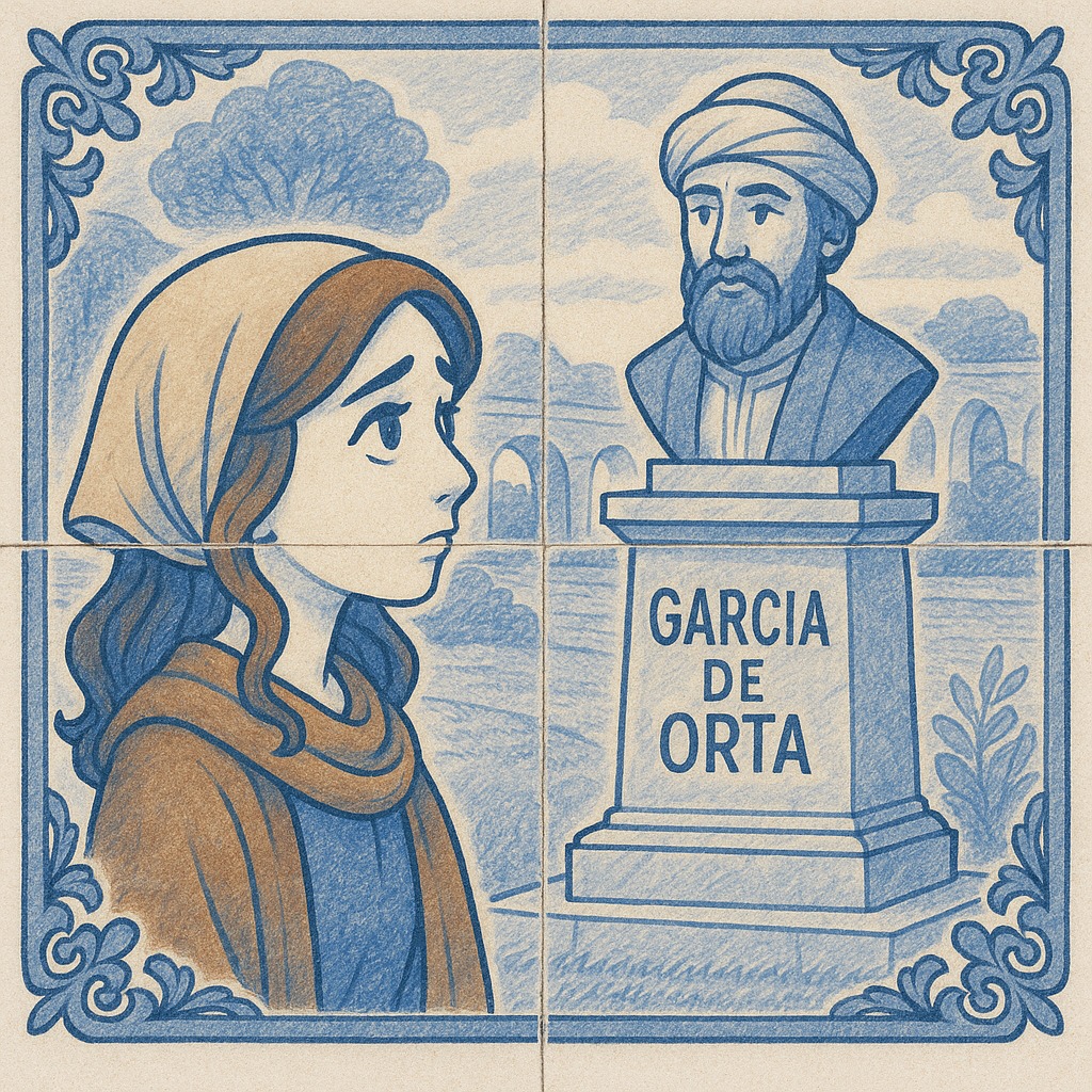 Juive portugaise regardant une statue de Garcia de Orta