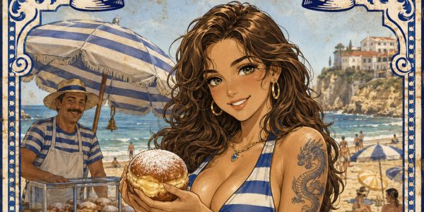 Alexandra à la plage, avec un bola de berlim dans les mains