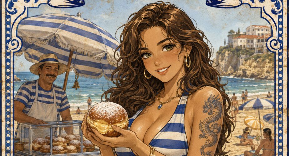 Alexandra à la plage, avec un bola de berlim dans les mains