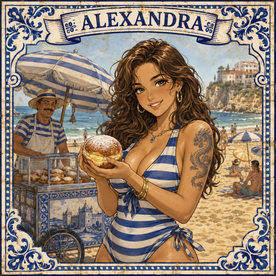 Alexandra à la plage, avec un bola de berlim dans les mains